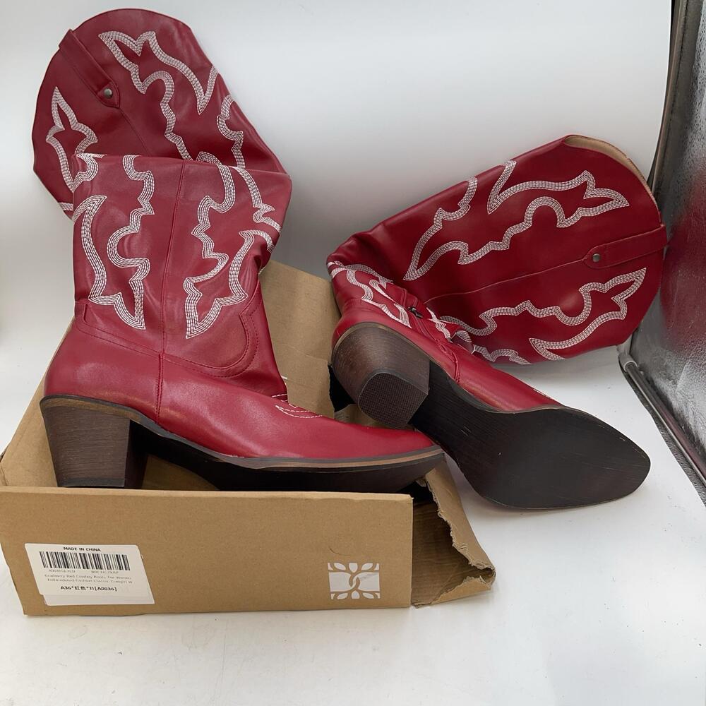 Gradinery Cowboy Boots Womens Red Embroidered Western Block Heel New Size 11